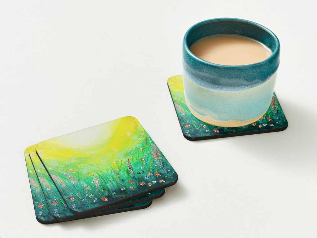 HARDBOARD COASTER - 9.5x9.5cm Beautiful green and yellow wildflower meadow painting