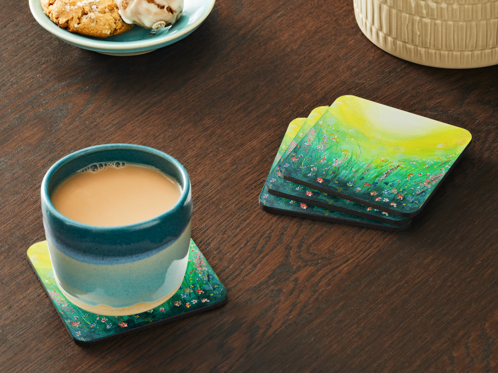 HARDBOARD COASTER - 9.5x9.5cm Beautiful green and yellow wildflower meadow painting