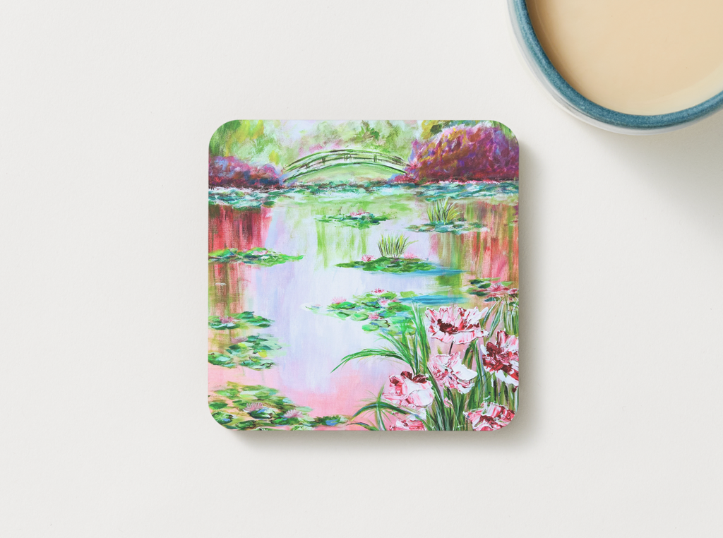 Set of four 9.5cm impressionist garden art coasters with lily pond and floral design