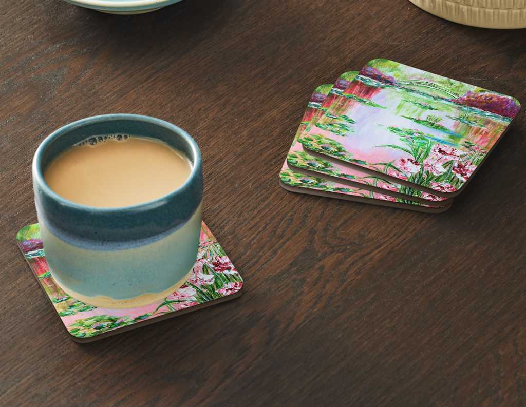 Set of four 9.5cm impressionist garden art coasters with lily pond and floral design
