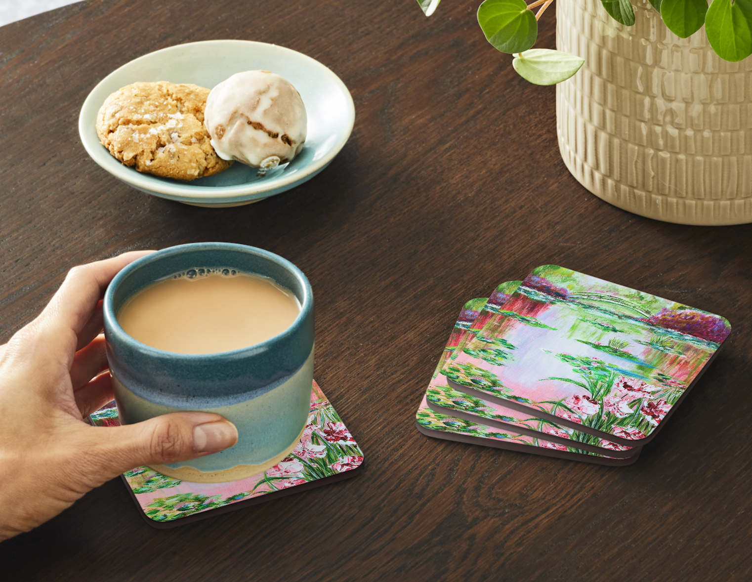 Set of four 9.5cm impressionist garden art coasters with lily pond and floral design