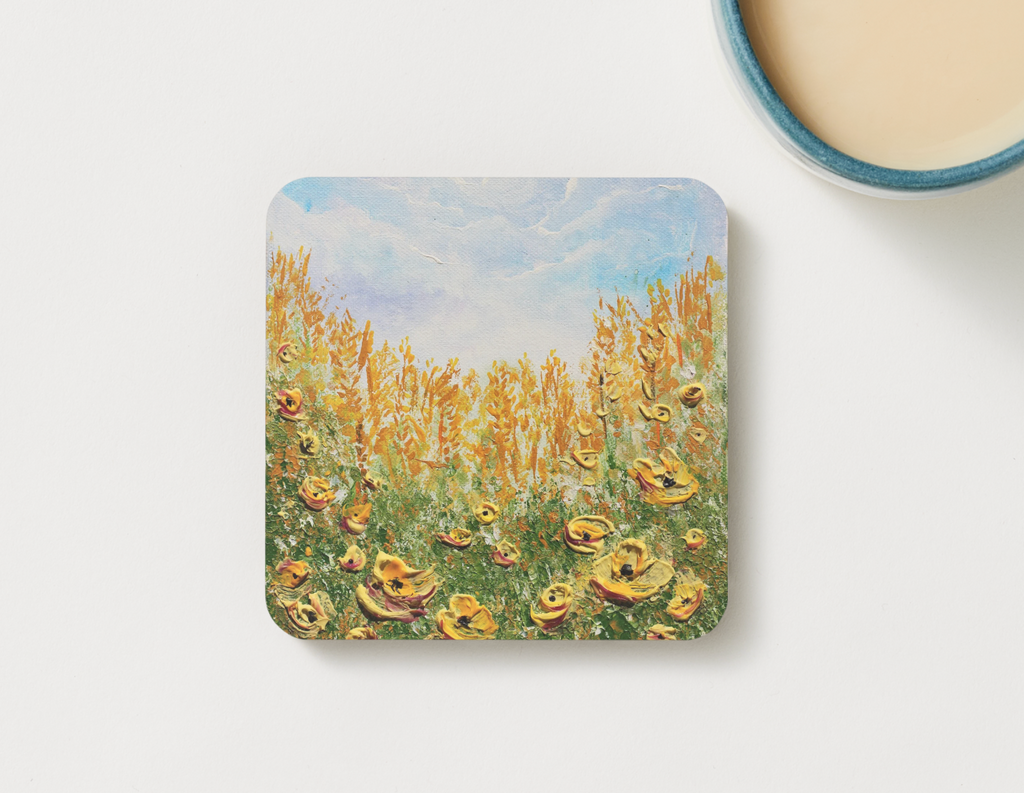 Single 9.5cm art coaster featuring a painted golden poppy field with amber grasses and a soft blue sky