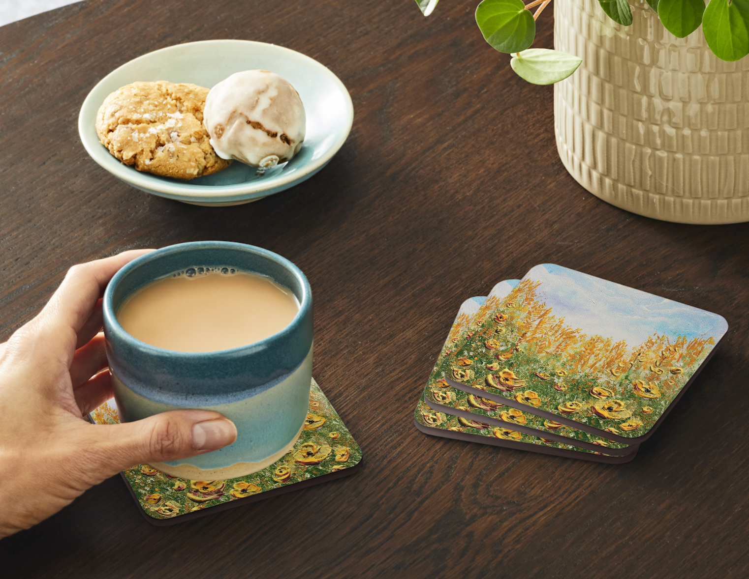 Single 9.5cm art coaster featuring a painted golden poppy field with amber grasses and a soft blue sky