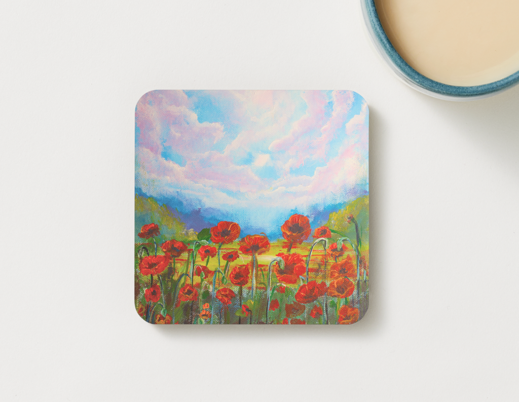 Single 9.5cm art coaster featuring a painted red poppy field with a golden meadow and dramatic pink and blue cloudscape