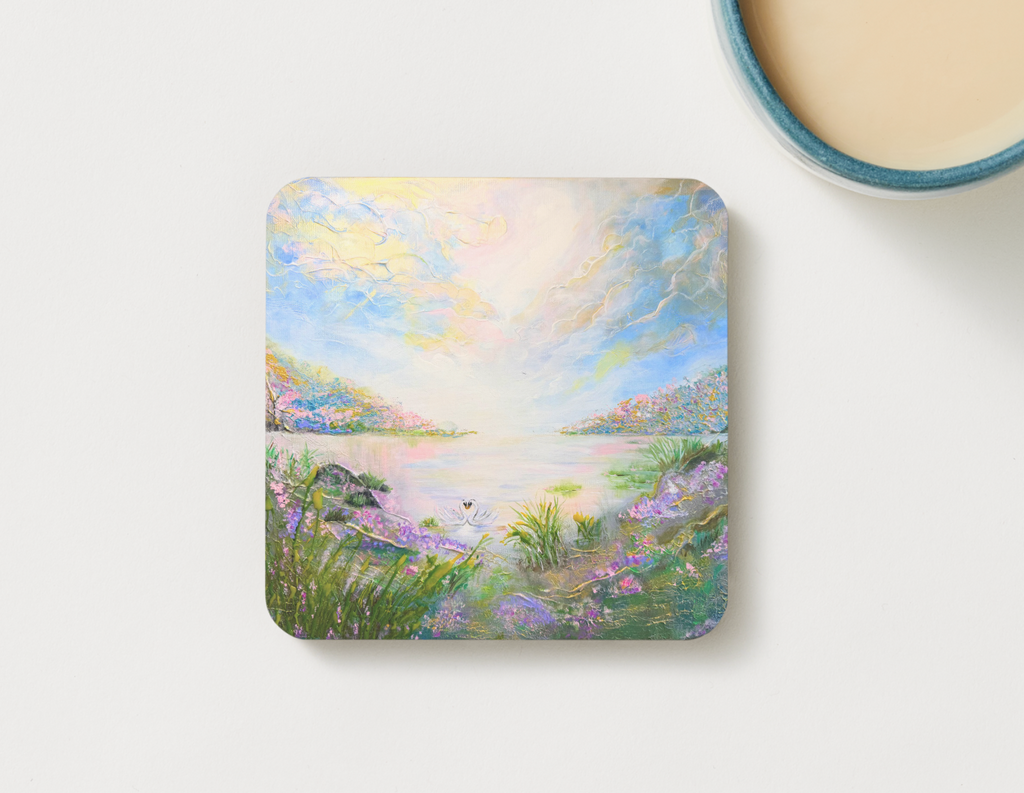 Single 9.5cm art coaster featuring a painted swan lake scene with wildflowers and a glowing pastel sky