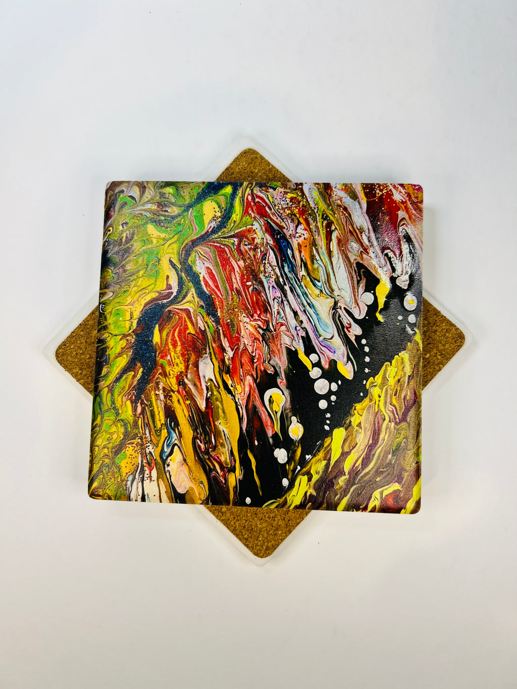 10x10cm square ceramic coaster with colorful abstract fluid art print and protective cork backing.