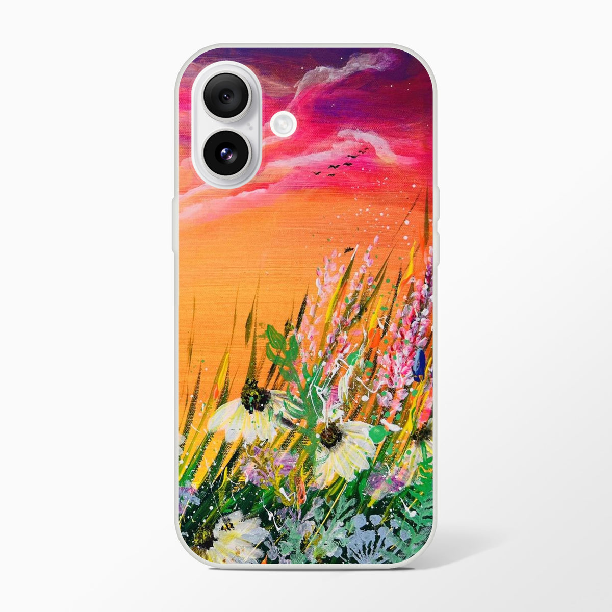 Flexible phone case featuring a vibrant sunset landscape with wildflowers and a painterly, colorful artistic design.