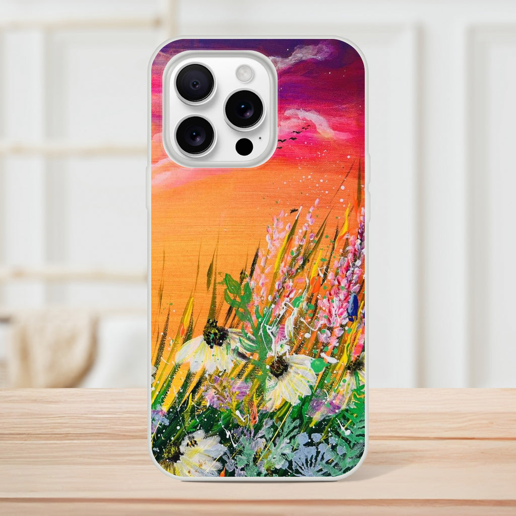Flexible phone case featuring a vibrant sunset landscape with wildflowers and a frosty transparent border.