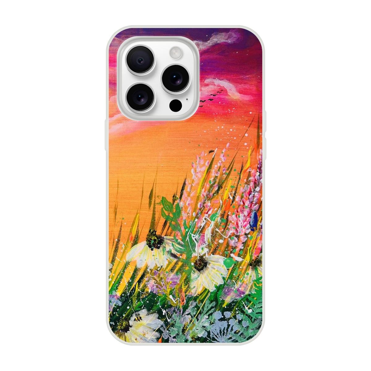 Flexible phone case with a vibrant nature painting of wildflowers against a sunset sky and transparent edges.