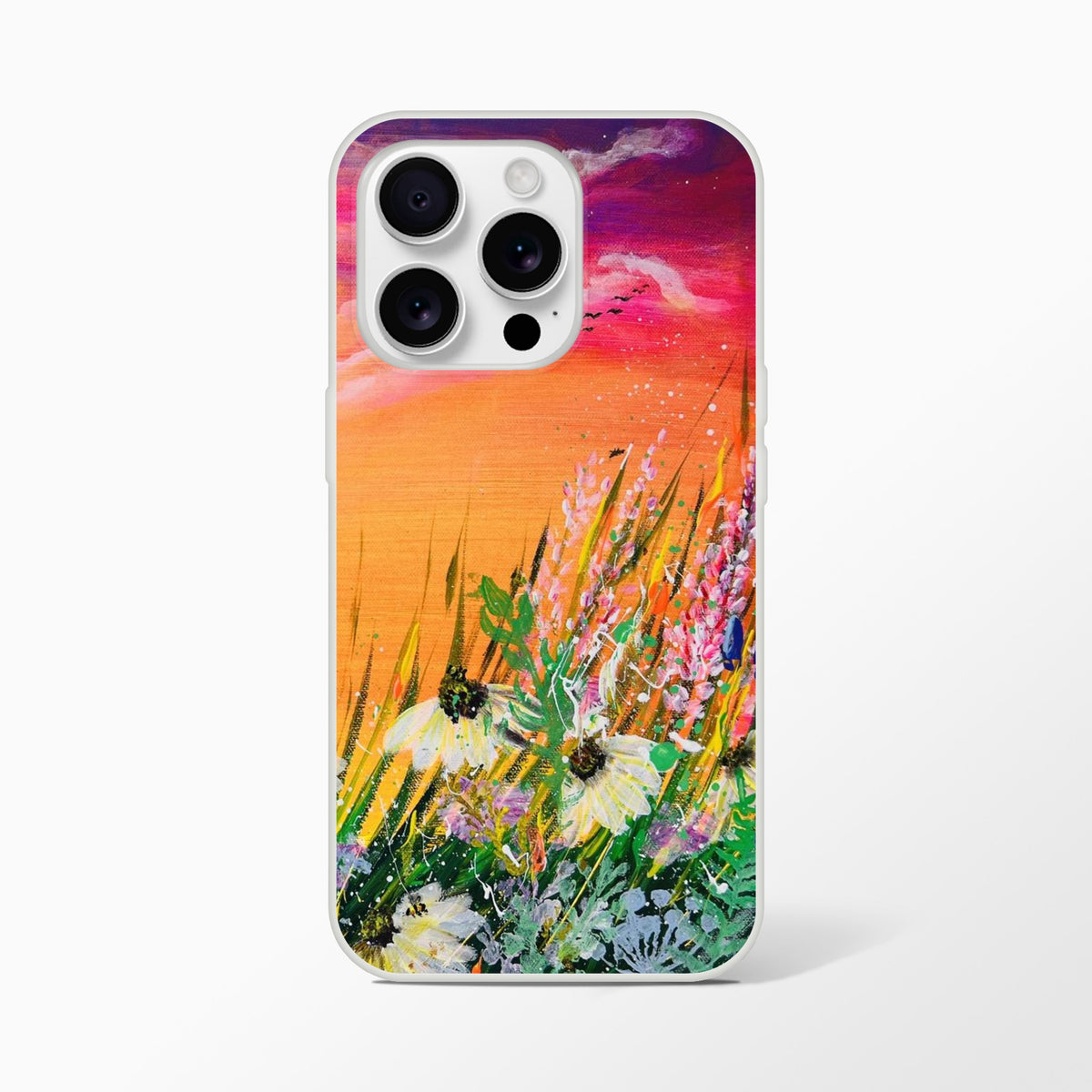 Flexible phone case featuring a vibrant, artistic nature print with colorful wildflowers against a sunset sky.