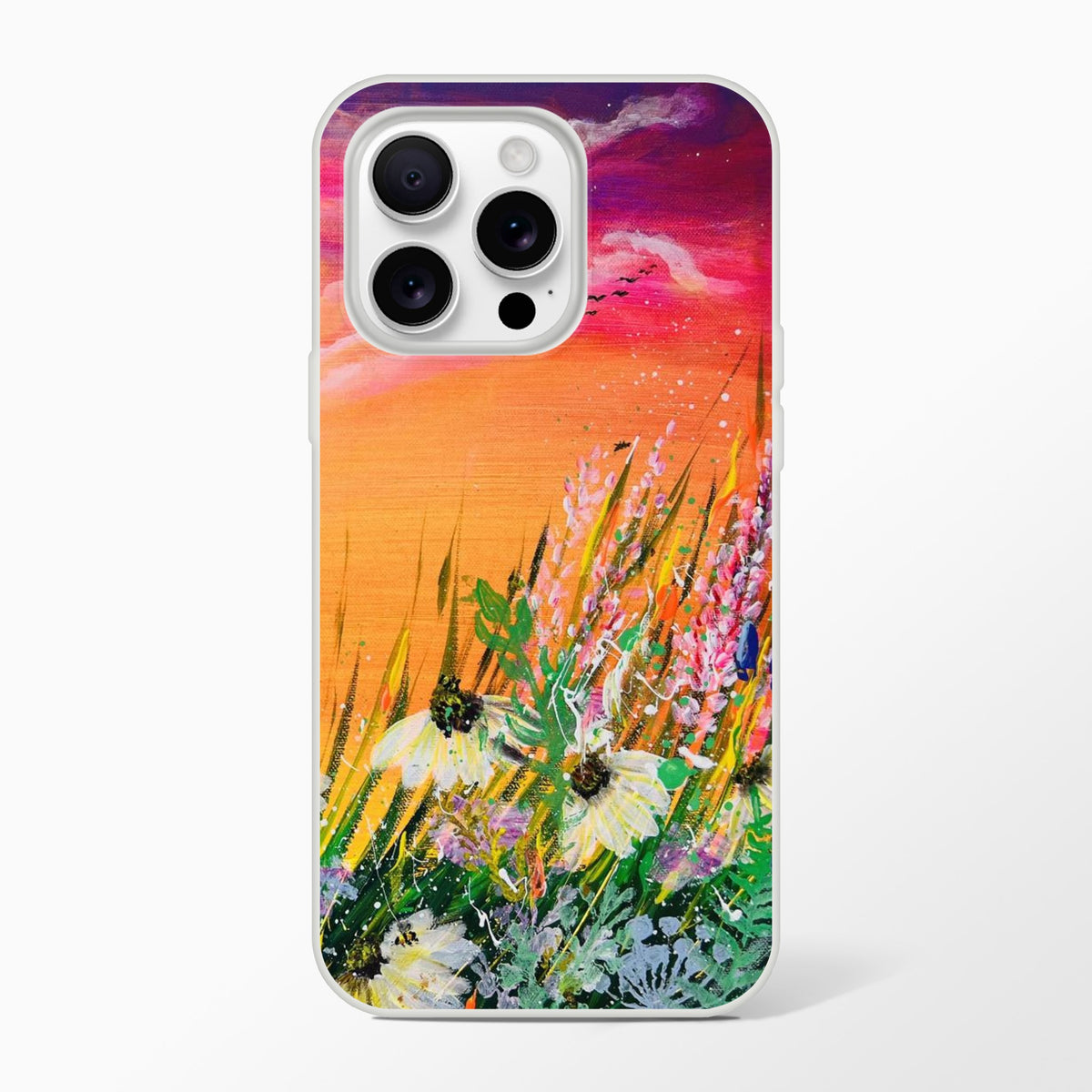 Flexible phone case featuring a vibrant nature painting of wildflowers against a colorful orange and purple sunset.