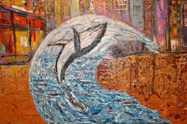 Abstract wall art painting with full dolphin silhouette in white and blue over orange textures