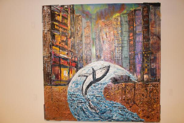 Abstract textured wall art with blue wave and tall city-like buildings, multicolor.