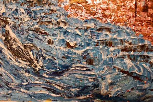 Abstract textured wall art showing flowing blue water waves with copper-brown accents.