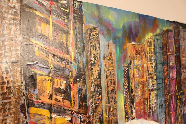 Abstract wall art painting of colorful vertical buildings with layered brush textures