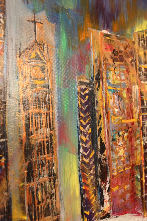 Abstract wall art with tall patterned panels in orange, blue, and purple tones