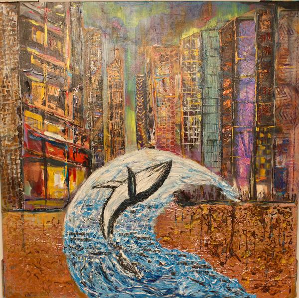 Abstract wall art painting with blue fish-like form and multicolor city textures