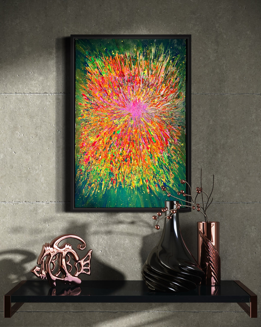 Framed abstract color-burst painting with rainbow streaks and a black frame.