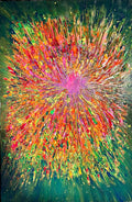 Framed abstract burst painting with neon orange, pink, yellow, and green on dark background.