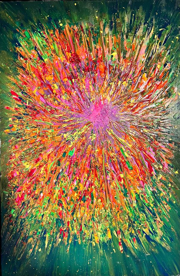 Framed abstract burst painting with neon orange, pink, yellow, and green on dark background.