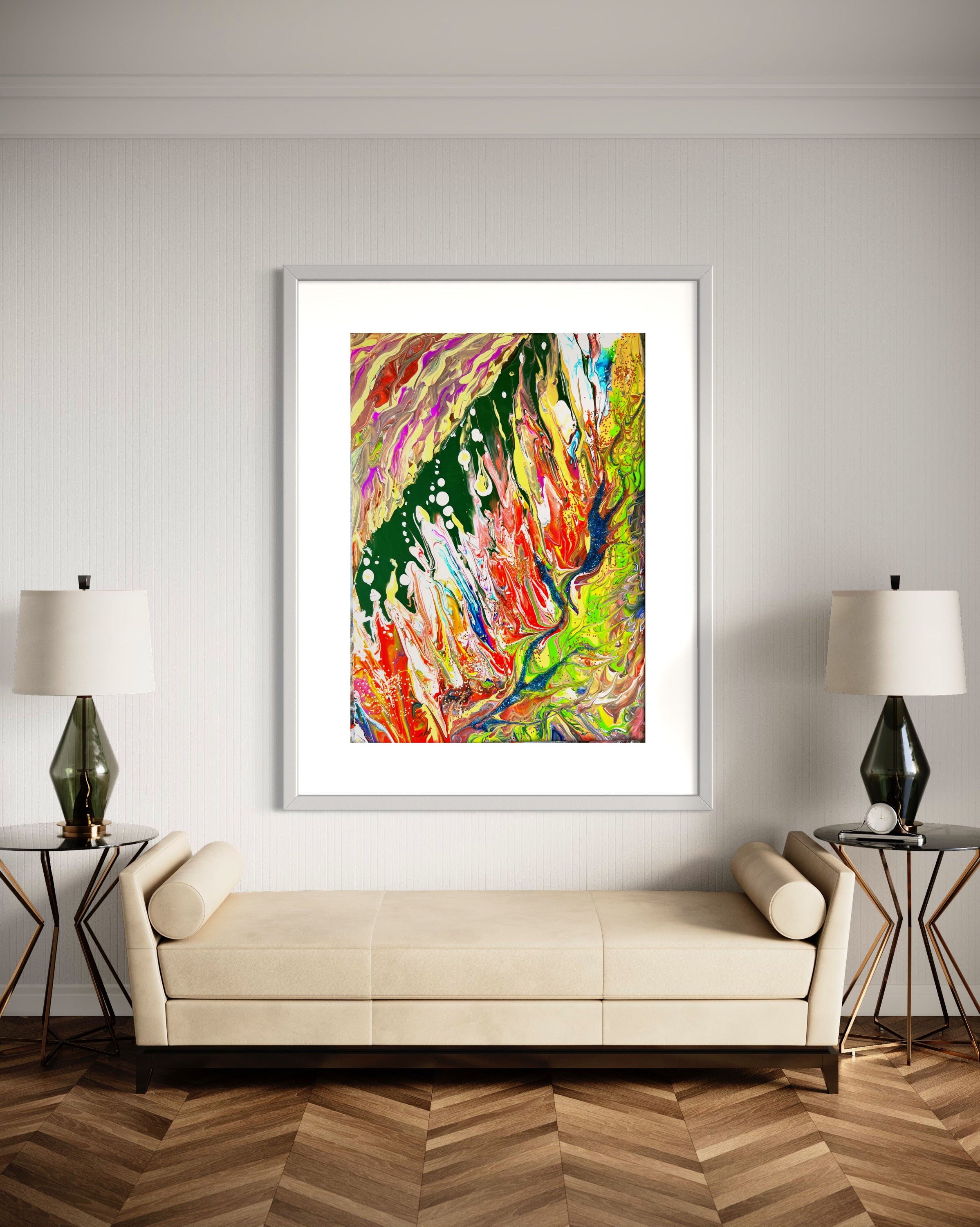 Framed abstract wall art print with colorful paint drips and swirls on a light background wall