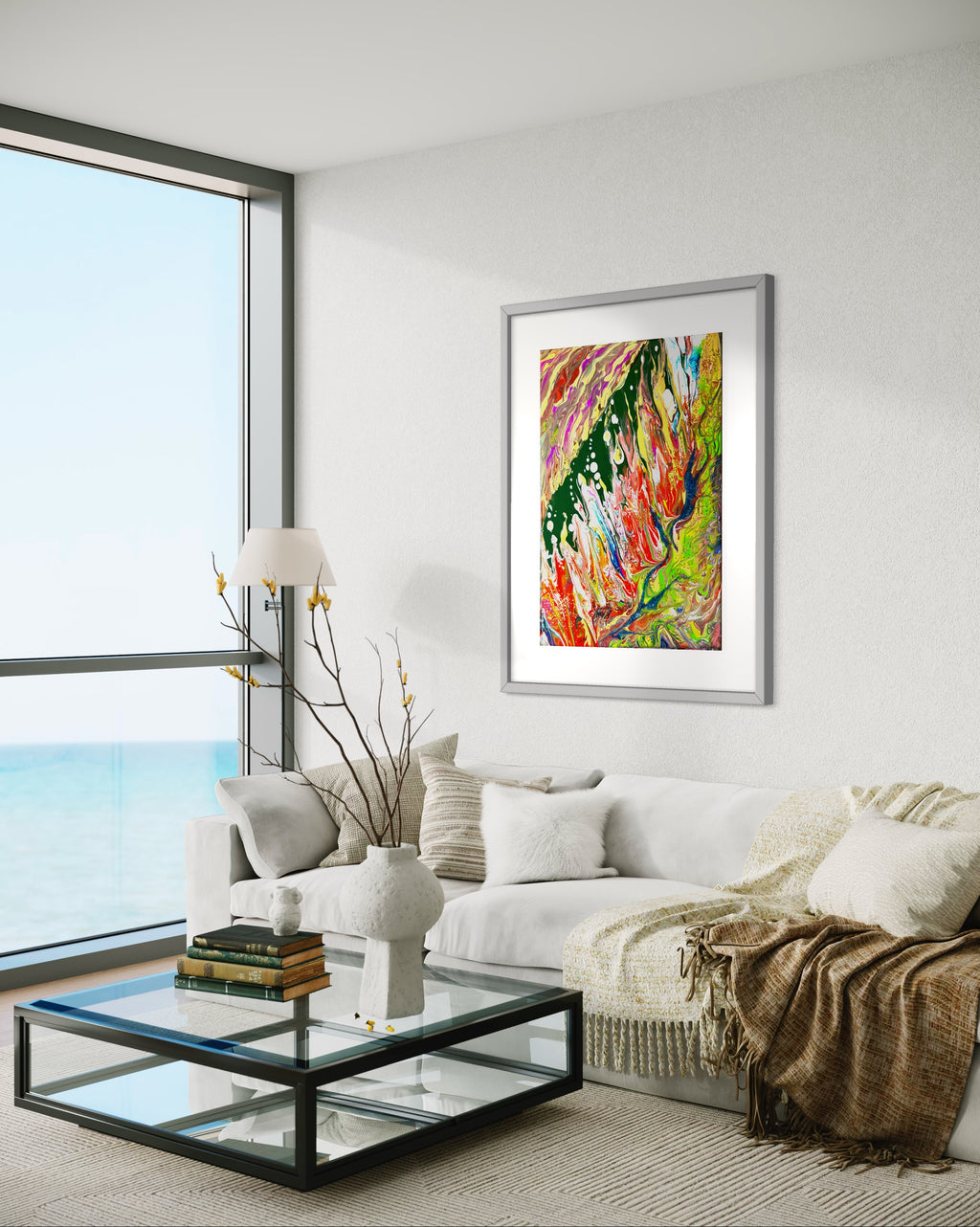 Framed abstract wall art print with bright green, orange, red, and blue paint motion effects