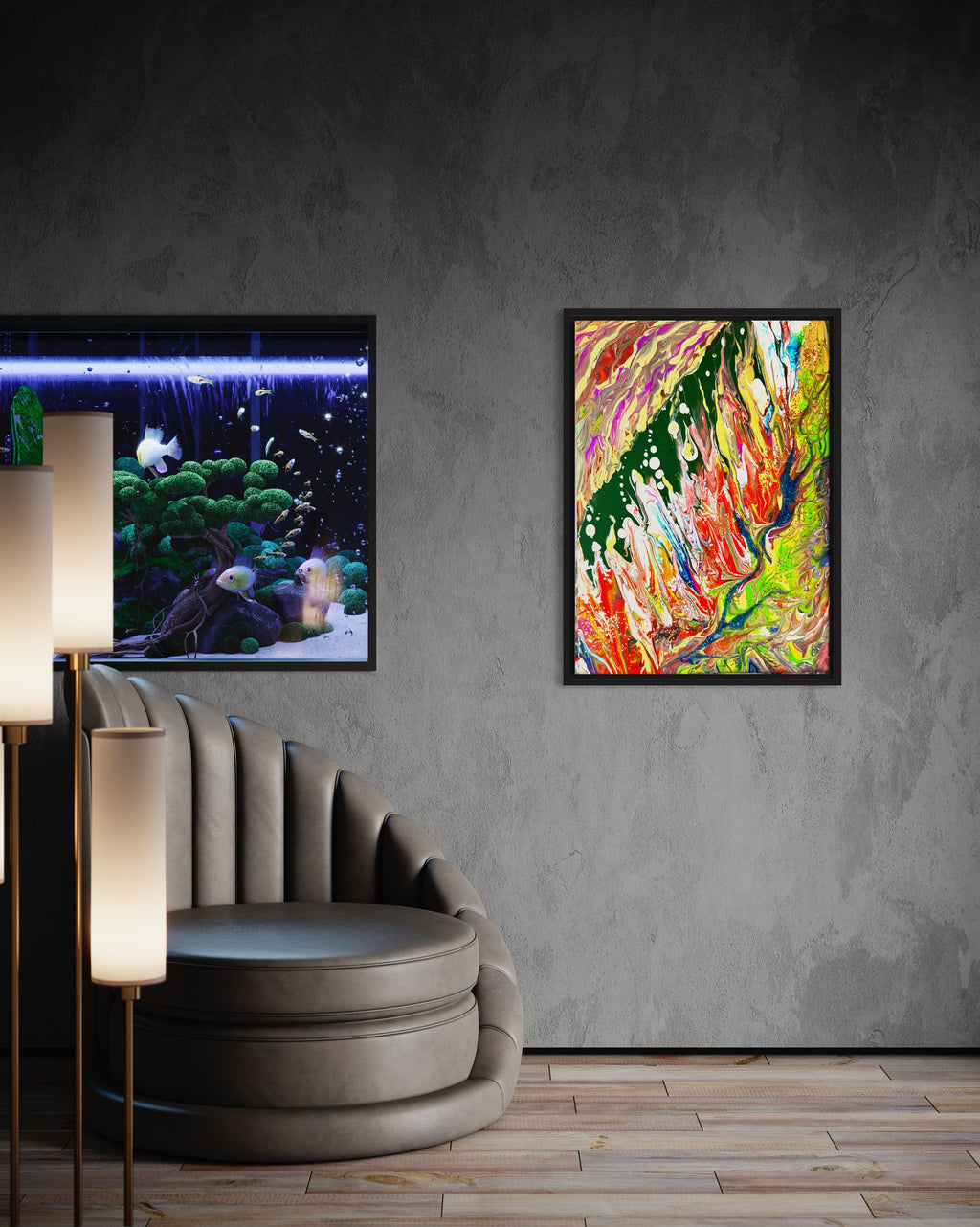 Framed abstract wall art print with colorful paint streaks and splatters in green and red hues