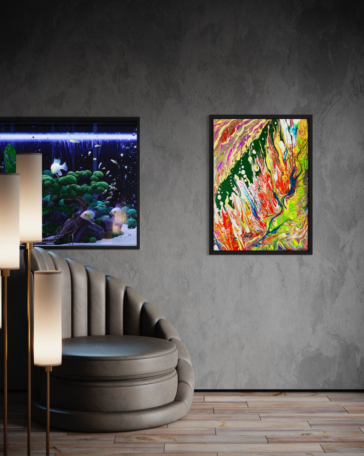 Framed abstract wall art print with colorful paint streaks and splatters in green and red hues