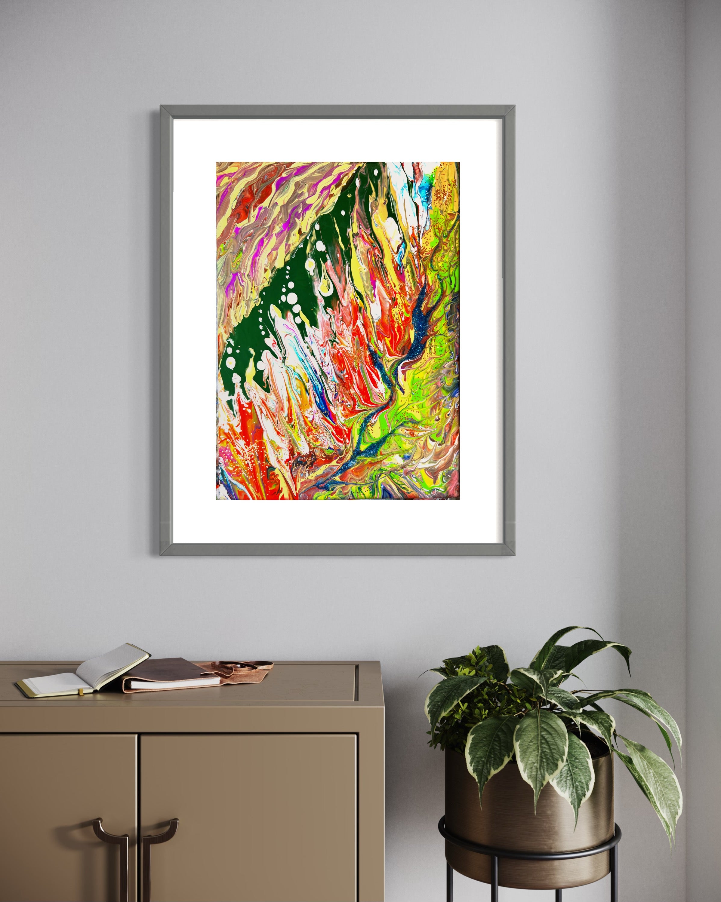Framed abstract wall art print with colorful paint swirls and splashes in green and orange tones