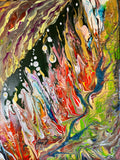 Abstract framed wall art print with vivid green, orange, red, and blue paint swirls and splashes