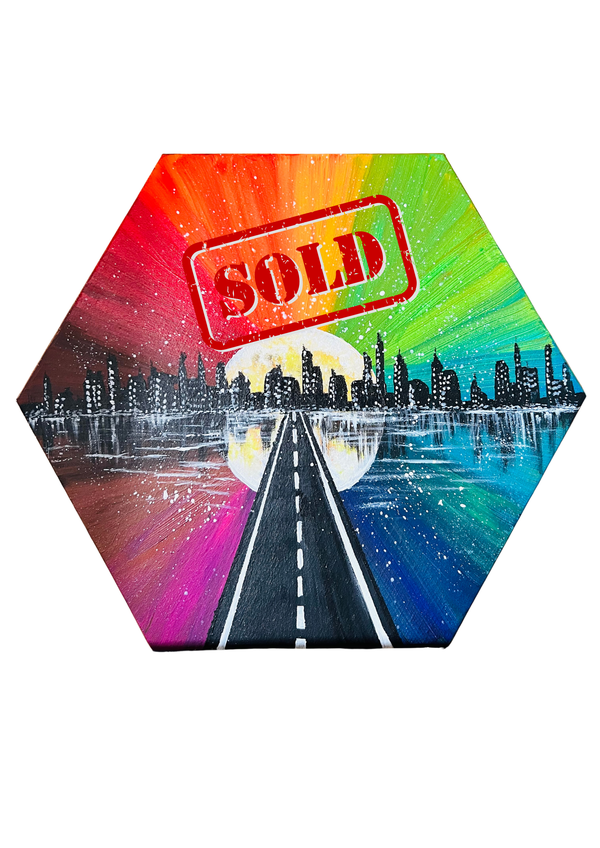 Moon City octagon wall art with rainbow road, city skyline, moon center, and SUN sign