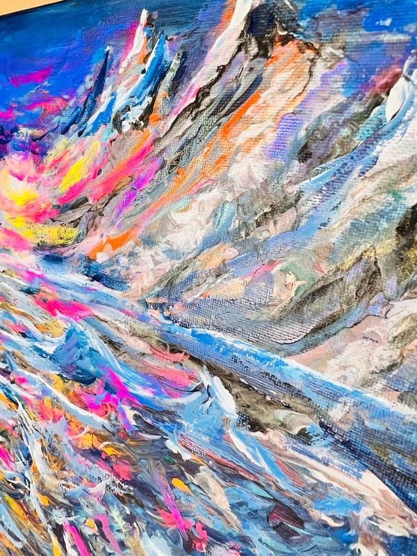 Abstract canvas painting close-up with thick white, blue, and pink brushstroke details