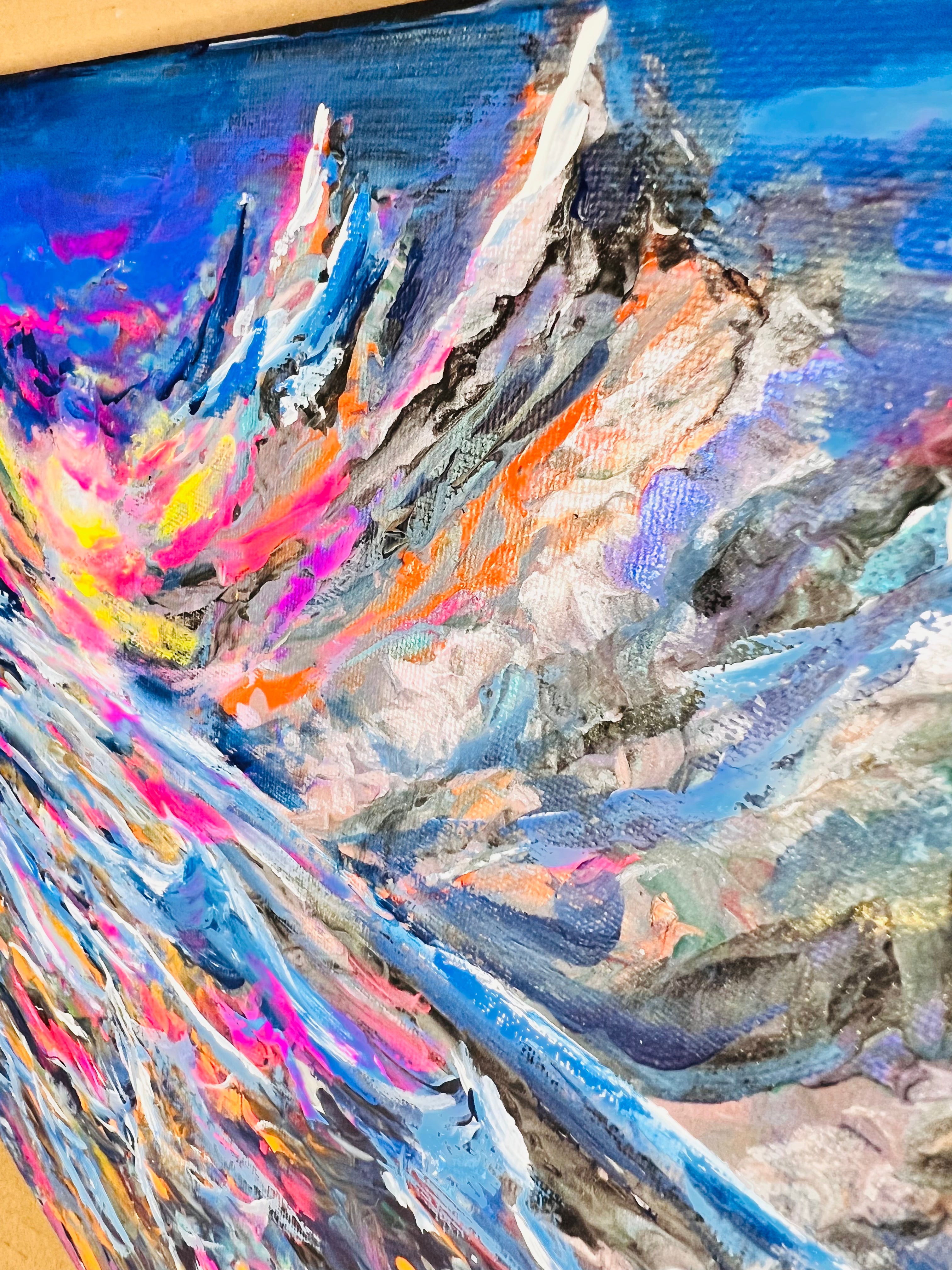 Abstract canvas painting with textured blue background and vivid pink and orange accents