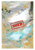Abstract landscape canvas with white sky, yellow accents, and blue water; SOLD stamp