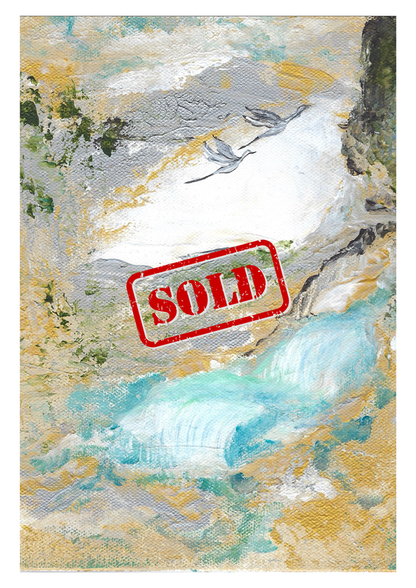 Abstract landscape canvas with white sky, yellow accents, and blue water; SOLD stamp