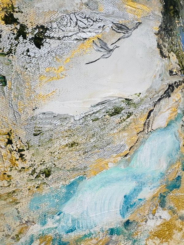 Abstract landscape canvas detail with gray sky, blue water, and green-yellow texture accents
