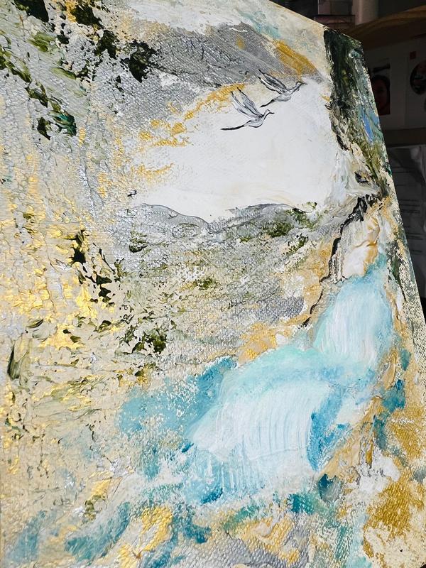 Abstract landscape artwork with textured white and gray sky, blue pool, yellow highlights