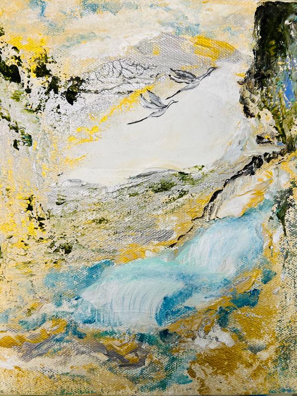 Abstract landscape canvas with white sky, blue shoreline, and yellow accents; textured brushwork
