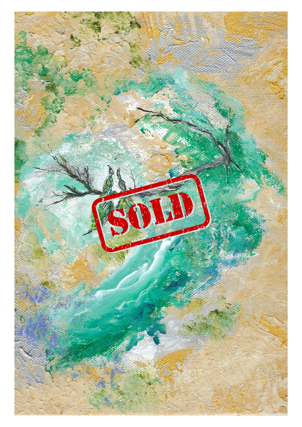 Abstract canvas wall art with turquoise river, green trees, and a SOLD stamp