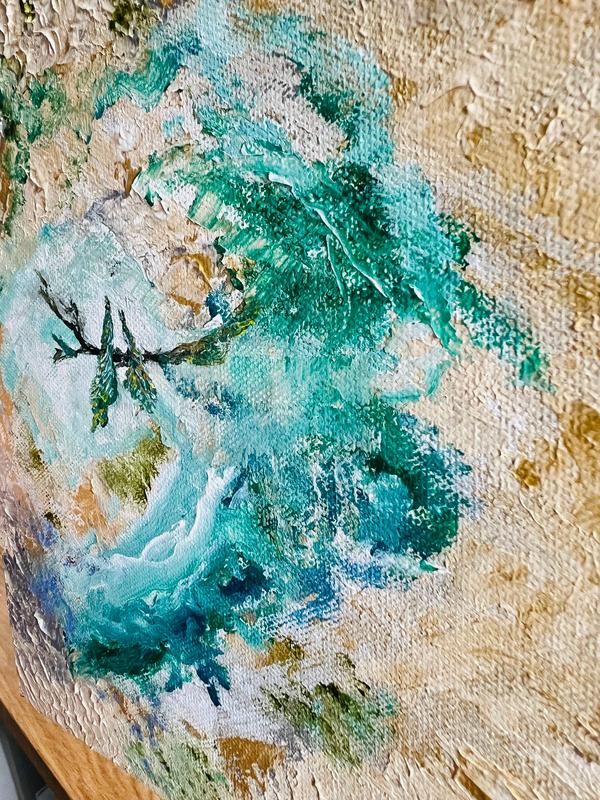 Abstract canvas wall art close-up of turquoise river, green foliage, and a bird