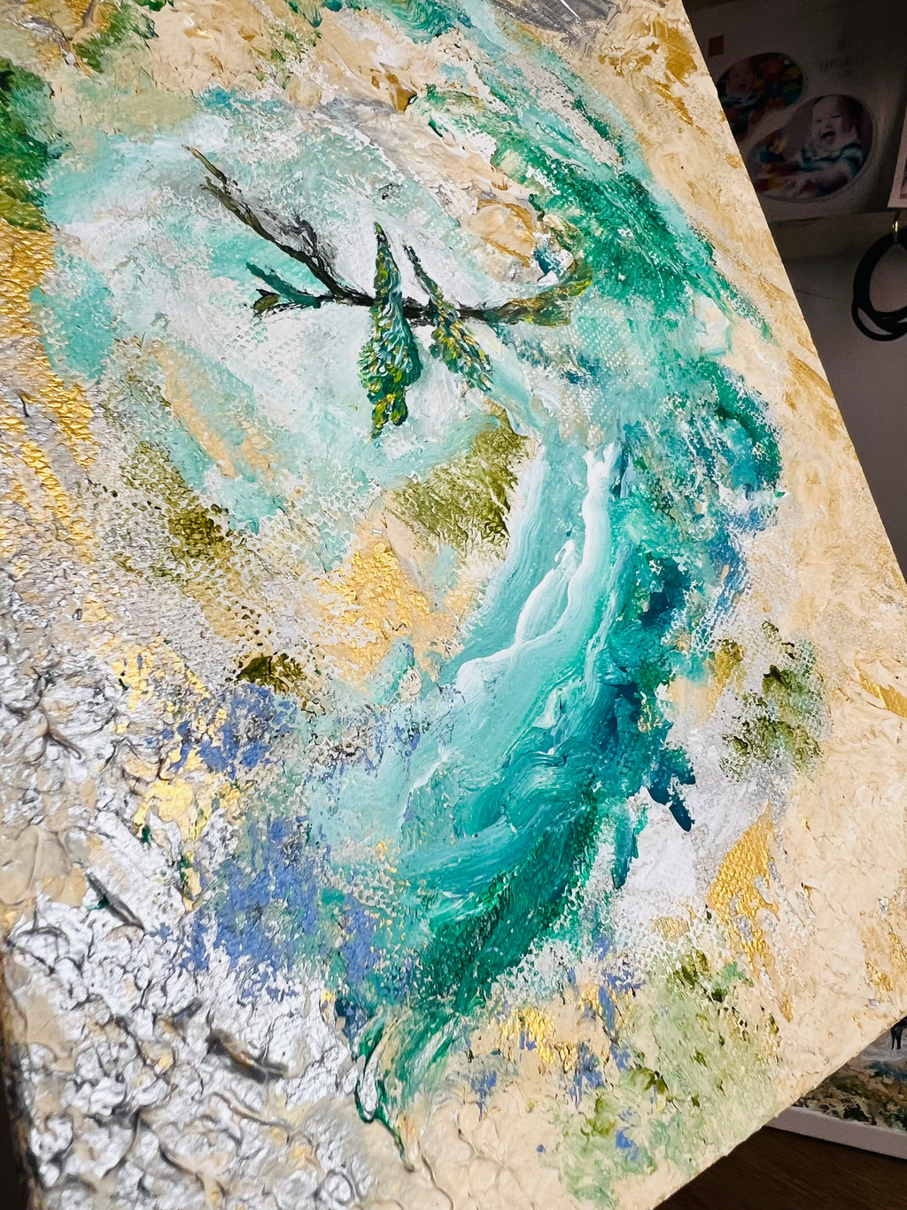 Abstract canvas wall art angled view showing turquoise river and green birds