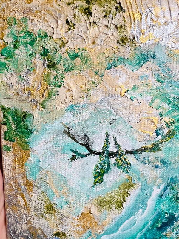 Abstract canvas wall art with birds in green, turquoise river, and textured background