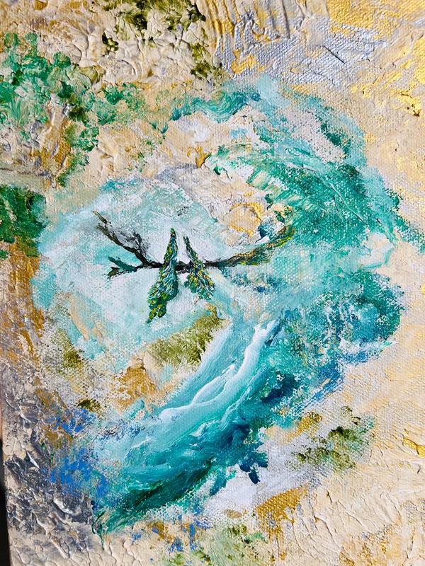 Abstract canvas wall art featuring turquoise river with green branches and birds