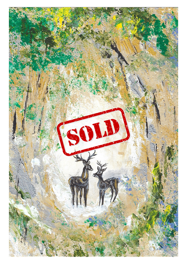 Wall art canvas with two deer silhouettes and a red “SOLD” stamp
