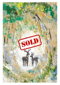 Wall art canvas with two deer silhouettes and a red “SOLD” stamp