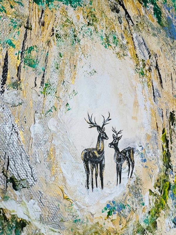 Wall art canvas featuring two deer silhouettes centered on a textured scene