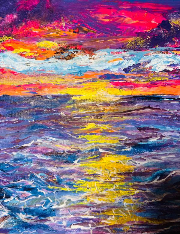 Abstract landscape wall art with blue, pink, and yellow brushstrokes