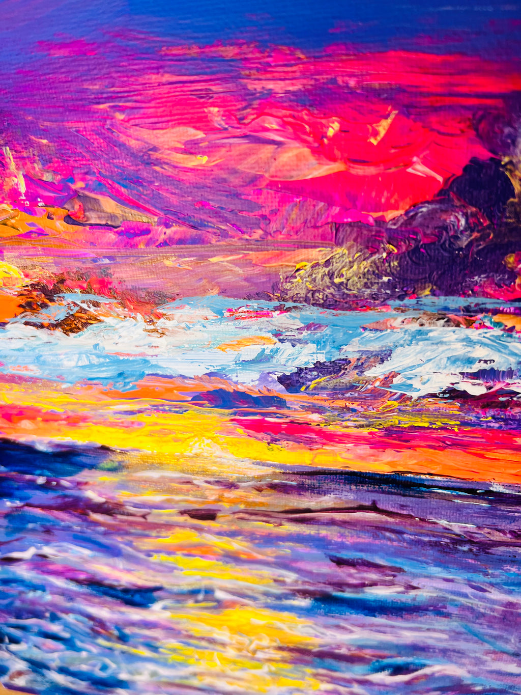 Abstract landscape wall art with vivid red sky and flowing blue color fields