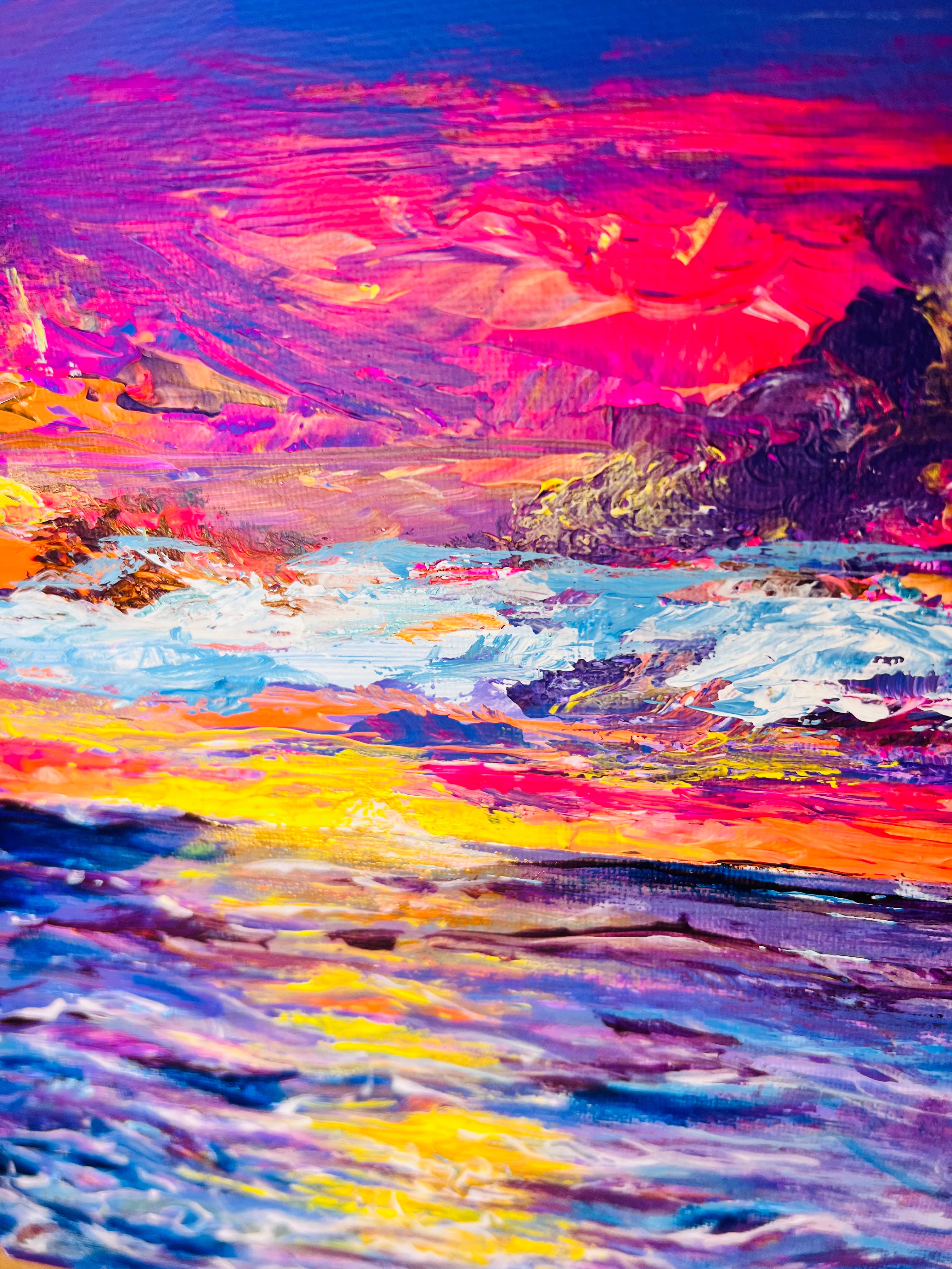 Abstract landscape wall art with vivid red sky and flowing blue color fields