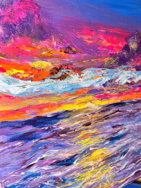 Abstract landscape wall art with magenta sky and textured blue foreground highlights